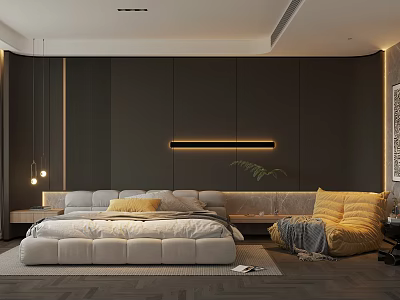 Modern Bedroom Interior With Dark Walls White Upholstered Bed And Yellow Bean Bag Chair 3d model
