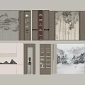Traditional Chinese Feature Wall Design With Landscape Pattern Bamboo And Storage Cabinets 3d model