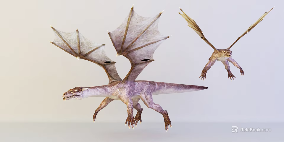 Two Detailed Flying Dragons With Purple Brown Wings 3D Model Design 3d model 