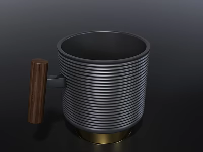 Stylish Modern Ribbed Cup Featuring Wooden Handle And Gold Base 3d model