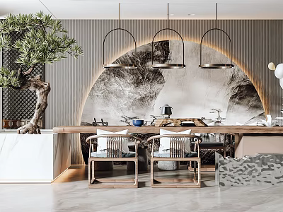 Modern Tea Room Interior Design With Chinese Mountain Landscape Wall Wooden Table And Hanging Lamps 3d model
