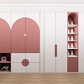 Modern Pink And White Wardrobe Design With Circular Patterns Drawers And Shelves 3d model