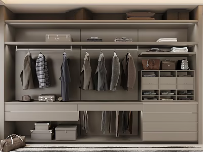 Modern Wardrobe Interior Design With Hanging Clothes Drawers Folded Garments And Suitcase Storage 3d model