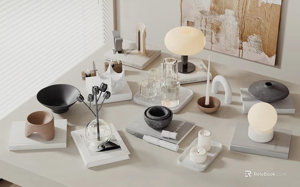 Modern Minimalist Decorative Ornament Set With Ceramic Bowls Glass Vase Candle Tray And Table Lamp 3d model 