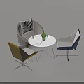 Modern Leisure Seating Arrangement with Yellow Blue Accent Chairs White Round Table and Green Plant