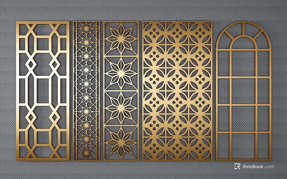 Golden Decorative Partition Screens with Intricate Geometric Patterns and Laser Cut Designs 3d model 