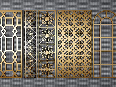 Golden Decorative Partition Screens with Intricate Geometric Patterns and Laser Cut Designs 3d model