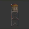 Vintage Water Tower with Red Roof Metal Frame and Ladder Structure