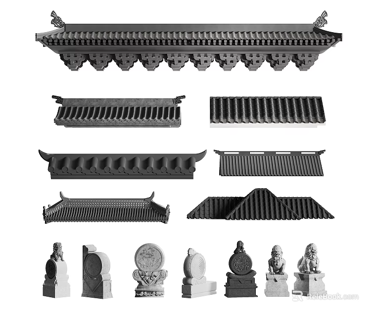Traditional Chinese Architectural Components Including Eave Structures Roof Tiles And Stone Beasts 3d model