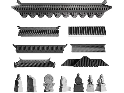 Traditional Chinese Architectural Components Including Eave Structures Roof Tiles And Stone Beasts 3d model