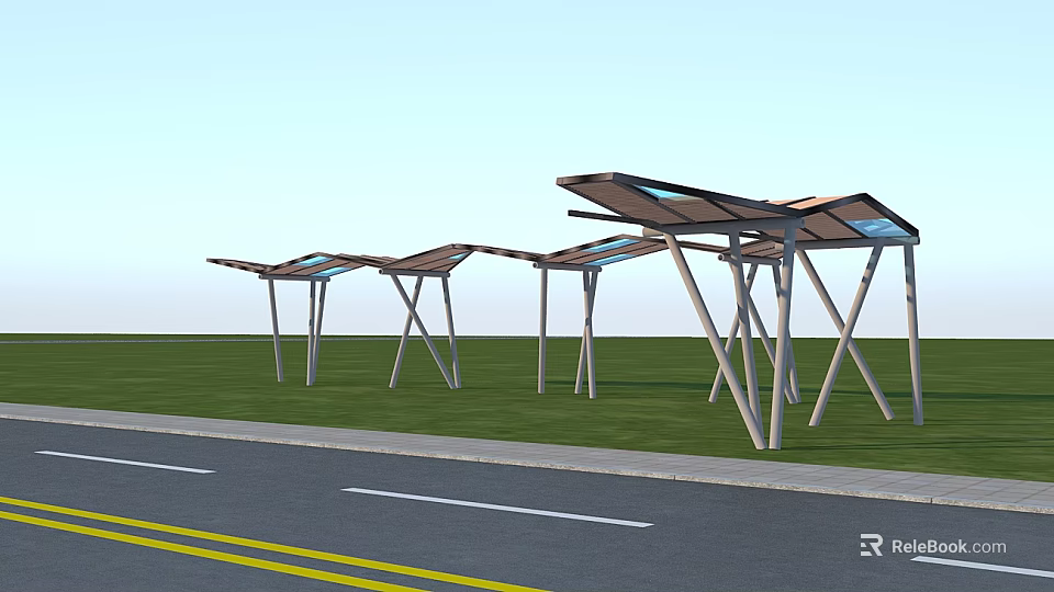 Modern Outdoor Canopy With Metal Frames And Glass Roof On Roadside Lawn 3d model 