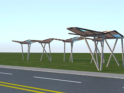 Modern Outdoor Canopy With Metal Frames And Glass Roof On Roadside Lawn 3d model
