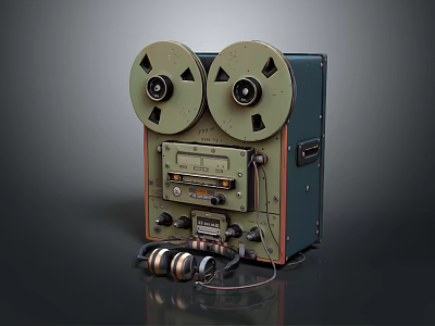 Vintage Electronic Tape Recorder With Two Reels Knobs Control Panel And Headphones 3d model