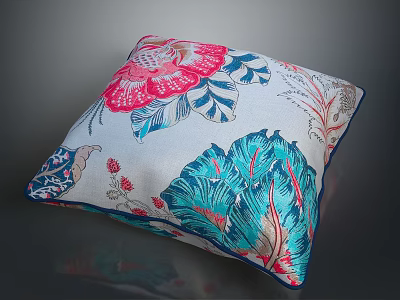 Decorative Pillow With Pink Flowers Blue Leaves And White Background Design 3d model