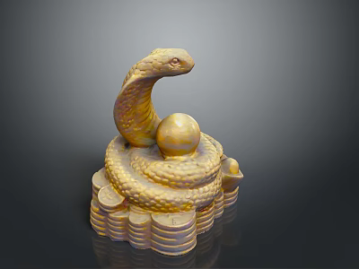 Golden Reptile Snake Sculpture Coiled On Stacked Coins With Shiny Ball 3d model