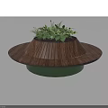 Modern Garden Ornament With Circular Wooden Design And Green Base With Fresh Foliage