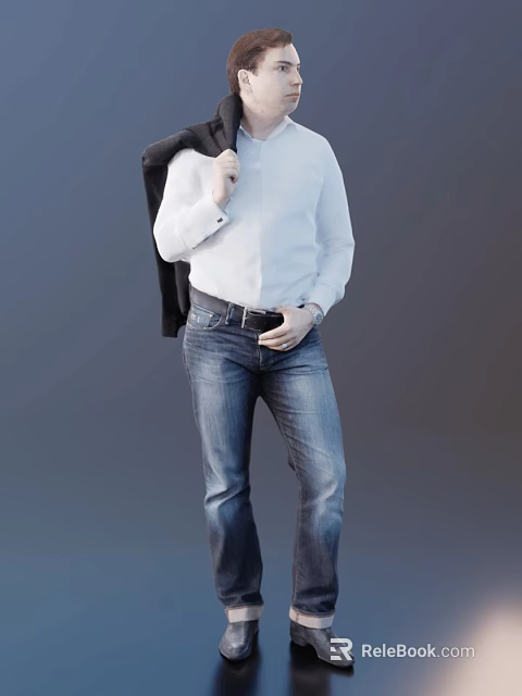 Man Wearing White Shirt Blue Jeans With Black Coat Over Shoulder And Hand In Pocket 3d model 