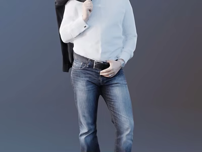 Man Wearing White Shirt Blue Jeans With Black Coat Over Shoulder And Hand In Pocket 3d model