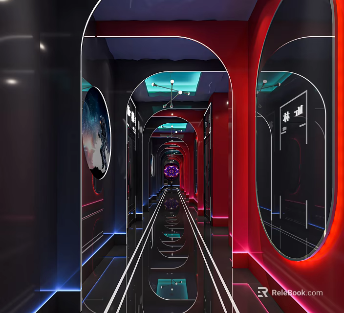 KTV Corridor Featuring Modern Red Black Decor Neon Lights And Mirror Walls 3d model 