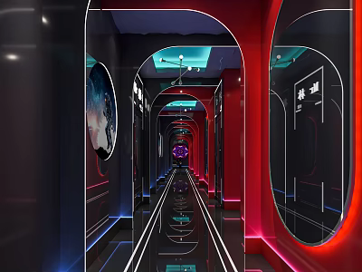 KTV Corridor Featuring Modern Red Black Decor Neon Lights And Mirror Walls 3d model