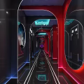 KTV Corridor Featuring Modern Red Black Decor Neon Lights And Mirror Walls
