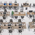 Modern Office Workspace With Multiple Office Desks Computers Chairs And Green Plants 3d model