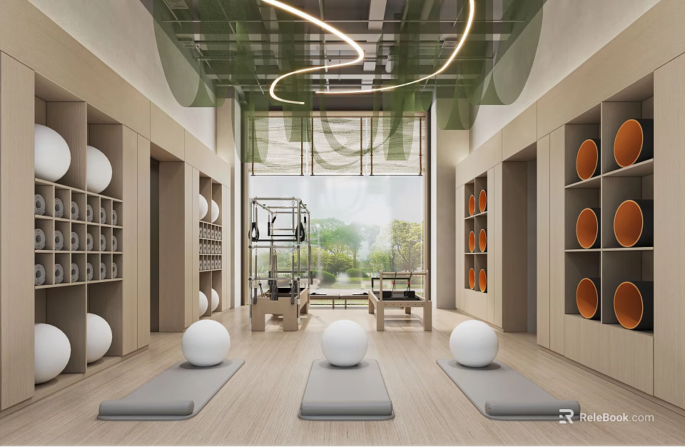Modern Fitness Studio With Yoga Mats Exercise Balls And Equipment 3d model 