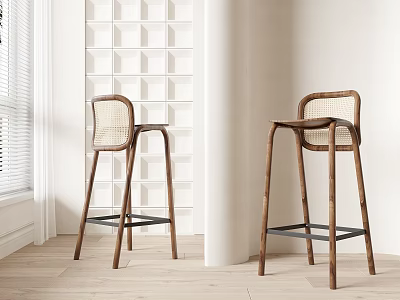 Two Modern Wooden Bar Stools With Woven Seat And Backrest In Interior 3d model