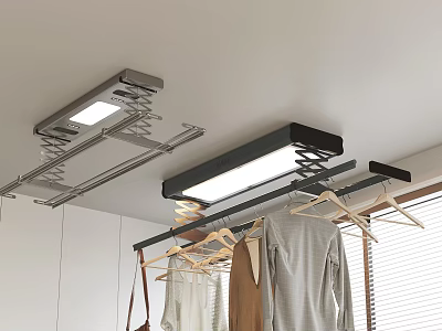 Ceiling Mounted Clothes Drying Rack With LED Light And Hanging Clothes 3d model