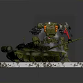 Green Camouflage Military Vehicle Model With Tracks Mechanical Arm Weapon And Snow Dirt On Base