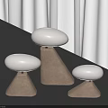 Three Mushroom Shaped Table Lamps With Sandstone Base And White Lampshade On Dark Tabletop