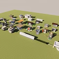 Diverse Small House Models On Green Ground With Long White Building And Connected Structures 3d model