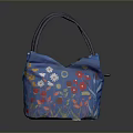 Floral Embroidered Blue Handbag with Purple Handles and Colorful Flower Design