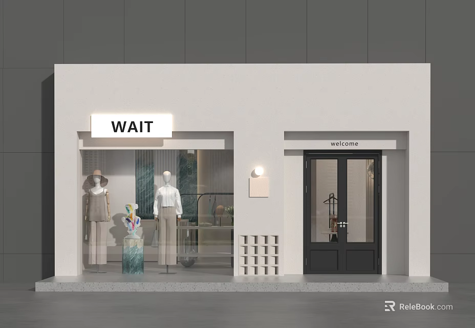 Modern WAIT Clothing Store Exterior With Window Mannequins And Glass Door 3d model 