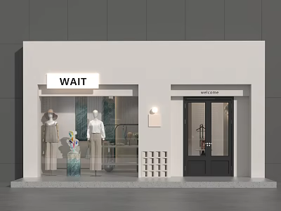 Modern WAIT Clothing Store Exterior With Window Mannequins And Glass Door 3d model