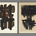 Pair of Abstract Black Brown Linear Wall Art on Light Background