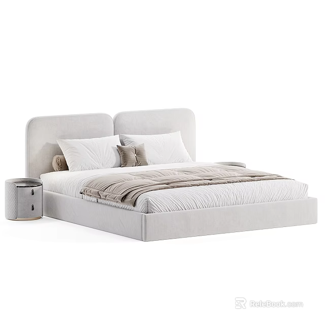 Modern Background Double Bed With Bedside Table Soft Pillows and Blanket 3d model 