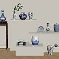 Blue And White Ceramic Decorative Ornament Set For Home Display On Stands