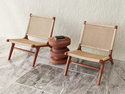 Modern Natural Woven Rattan Leisure Chairs With Solid Wood Frame And Round Side Table 3d model