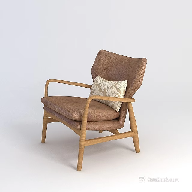 Elegant Brown Leather Armchair With Wooden Frame And Patterned Cushion Design 3d model 