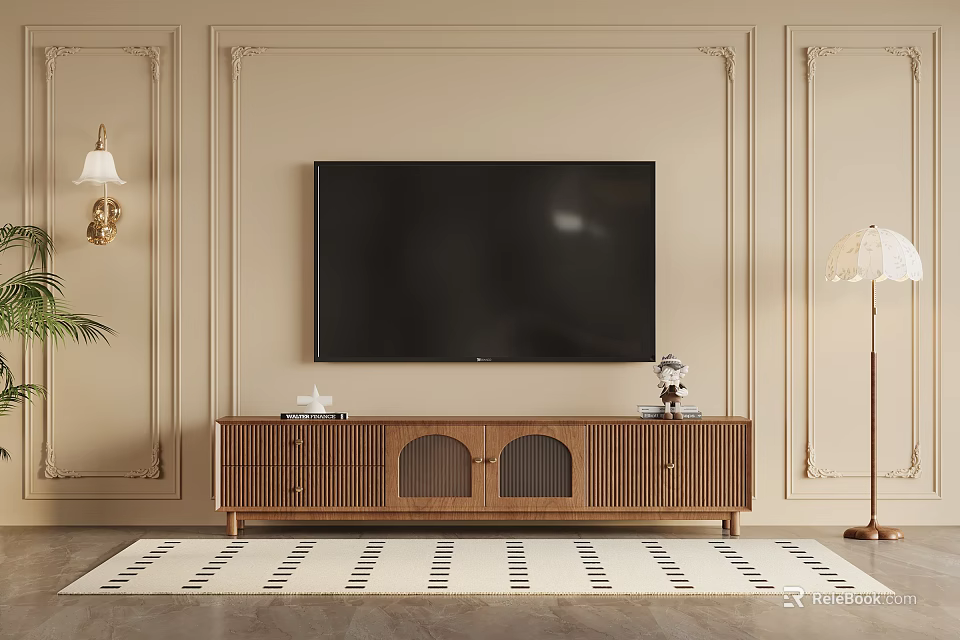Modern Wooden TV Cabinet Stand In Living Room Interior With TV And Decor 3d model 