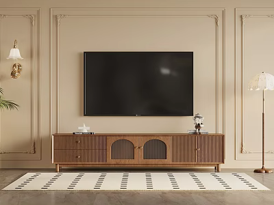 Modern Wooden TV Cabinet Stand In Living Room Interior With TV And Decor 3d model