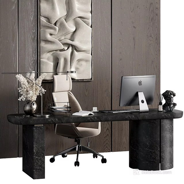 Modern Office Desk With Marble Top Apple Monitor Black Sculpture And Ergonomic Chair 3d model 