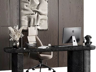 Modern Office Desk With Marble Top Apple Monitor Black Sculpture And Ergonomic Chair 3d model