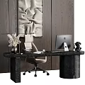 Modern Office Desk With Marble Top Apple Monitor Black Sculpture And Ergonomic Chair