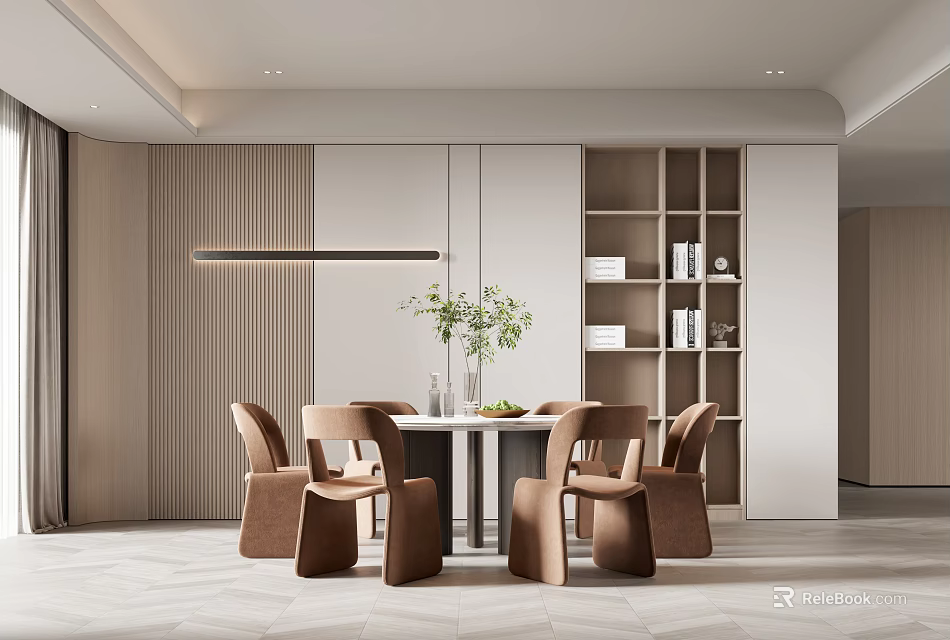 Modern Restaurant Interior Design With Round Dining Table Brown Chairs Green Plants And Shelves 3d model 