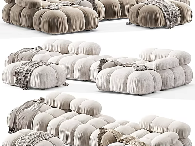 Two Seater Sofa In Neutral Tone With Pleated Design And Throw Blanket 3d model