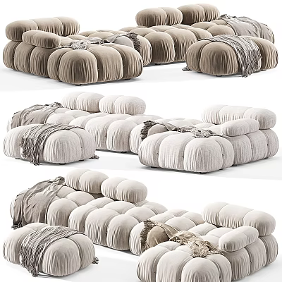 Two Seater Sofa In Neutral Tone With Pleated Design And Throw Blanket 3d model