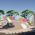 Outdoor Children's Play Area With White Curved Structures Green Trees And Colorful Decorations