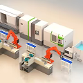 Advanced Industrial Equipment Featuring Orange Robotic Arms Automated Production Line And Blue Workbenches
